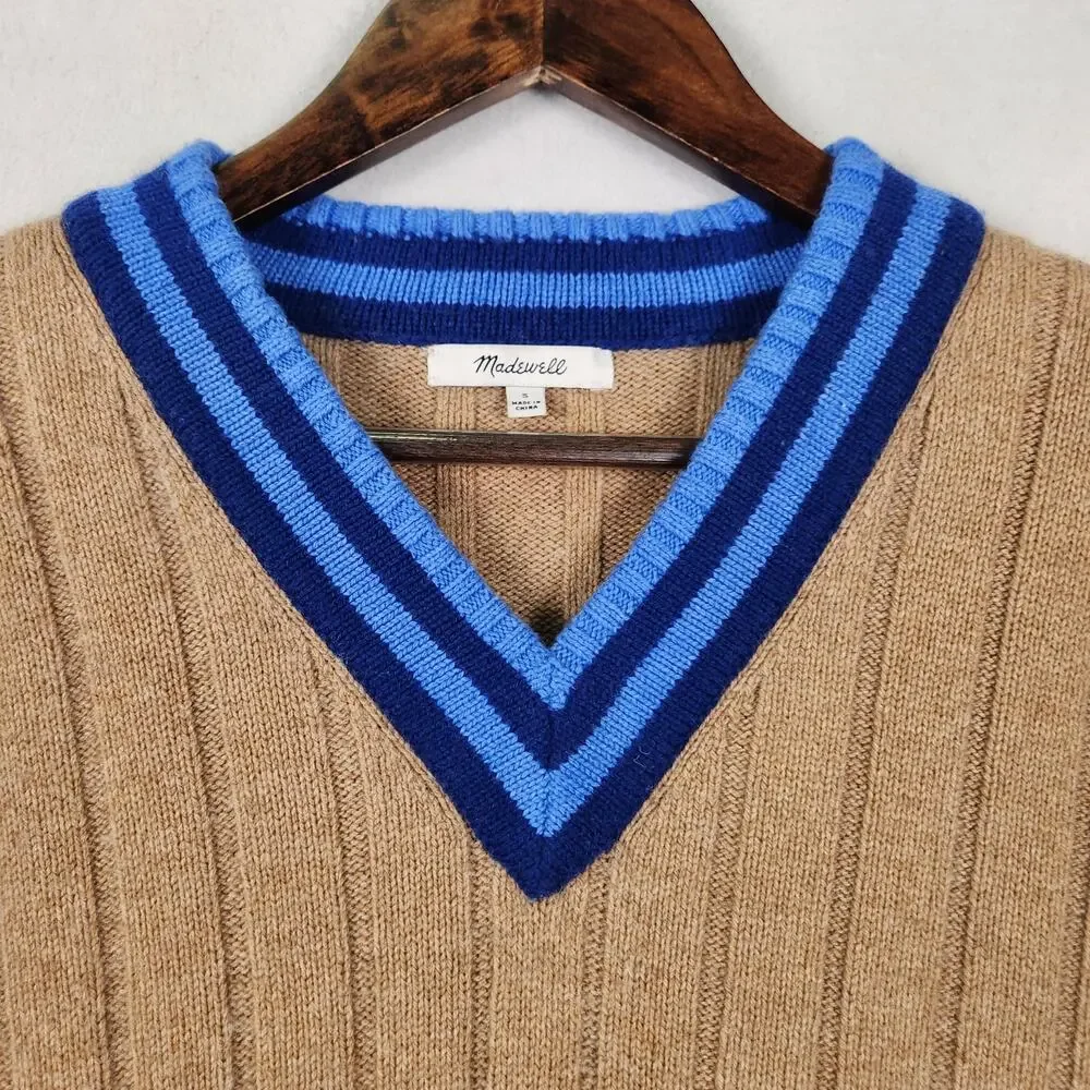 Madewell Tipped V-Neck Oversized Sweater in Tan With Blue V-Neck SZ SM Wool Blnd - Picture 5 of 13